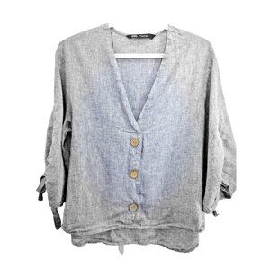 Zara Woman Sz Med  Soft Blue Chambray Fabric Tied Sleeves Casual Sophisticated